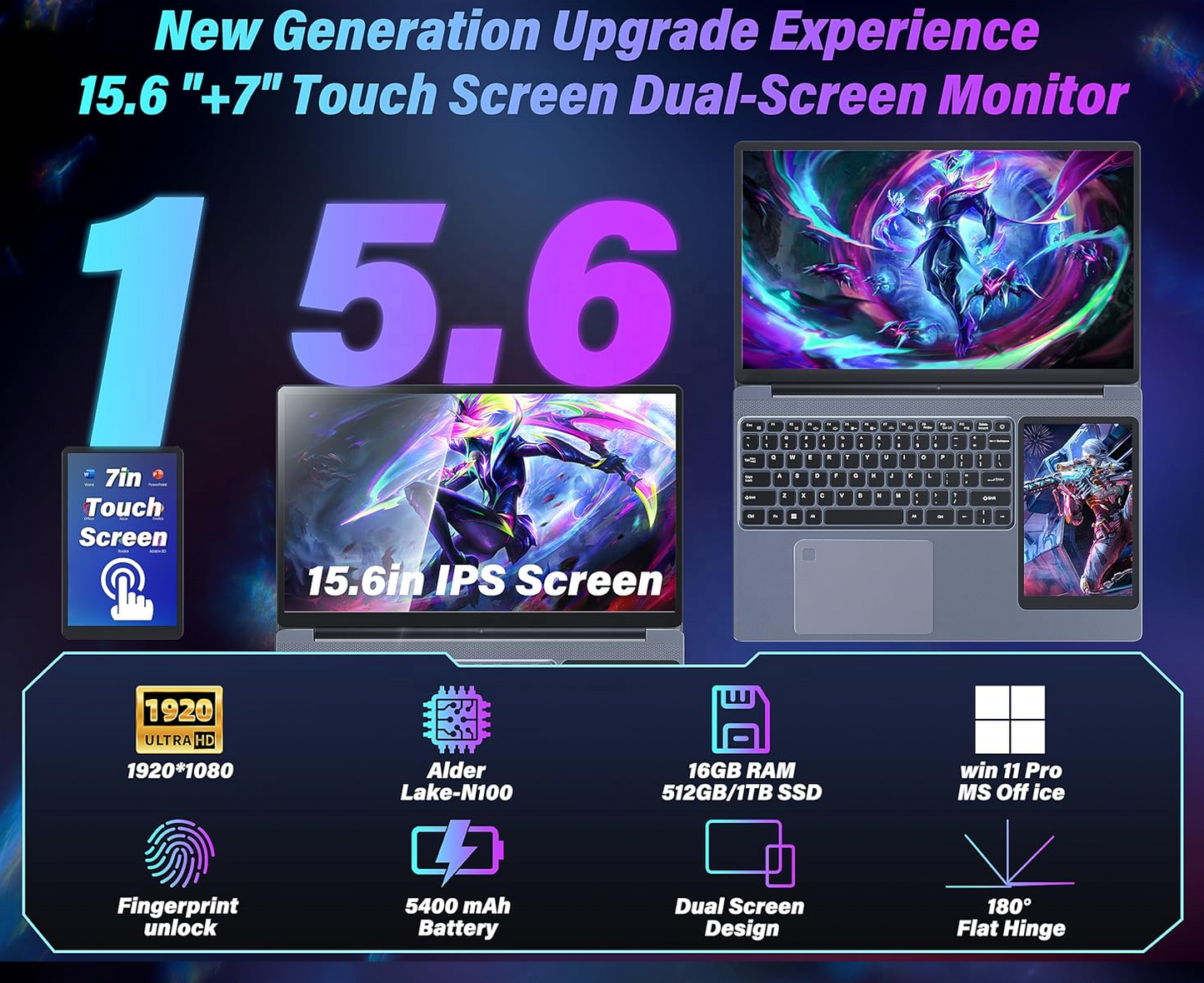 Dual Screen Laptop 15.6'' – Touch & Backlit Pro for Enhanced Productivity