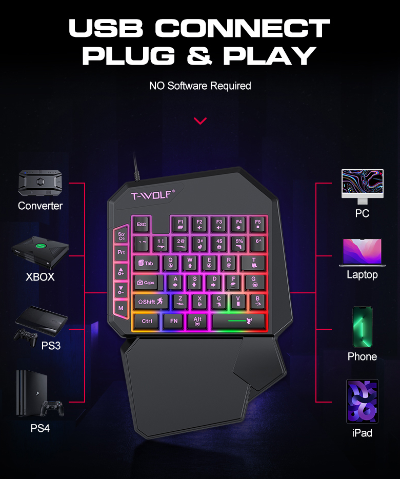 Portable RGB Gaming Keyboard for Mobile Gaming - One-Handed Design