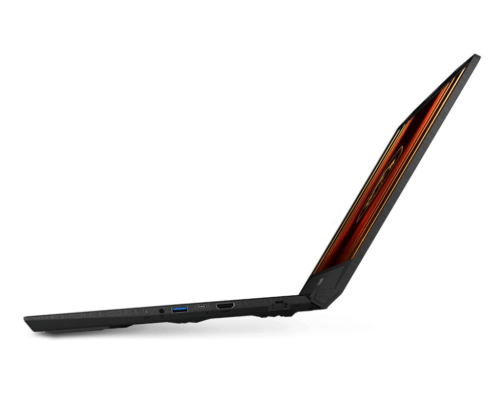 Open laptop with black and orange design on a white background