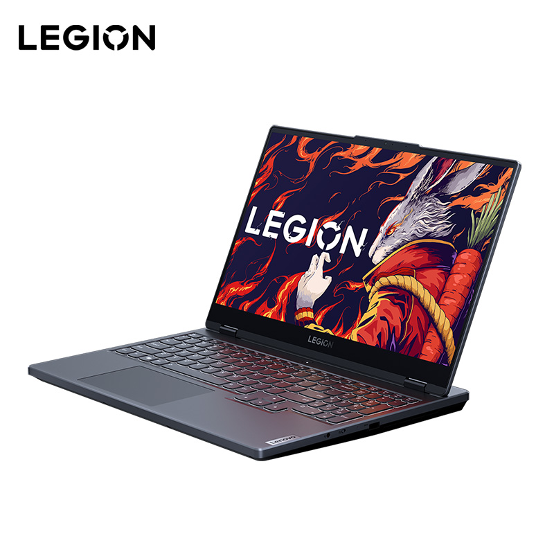 Lenovo Legion laptop with colorful design on screen against a white background