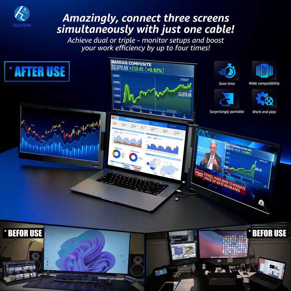 Portable Laptop Triple Screen Monitor - Enhance Your Productivity with 14” Multi-Display Solution