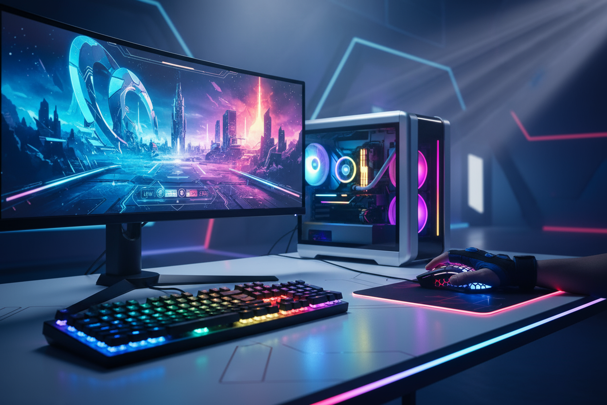 “A futuristic RGB-lit gaming setup featuring a compact mini gaming PC with glowing accents, mechanical keyboard, gaming mouse, and dual curved monitors displaying vibrant sci-fi visuals. A gamer’s hand on the mouse, surrounded by neon blue and red ambient lights. Clean, modern desk with dynamic reflections and tech aesthetic. Ultra-realistic, 8K resolution, cinematic lighting, professional studio photography style.”