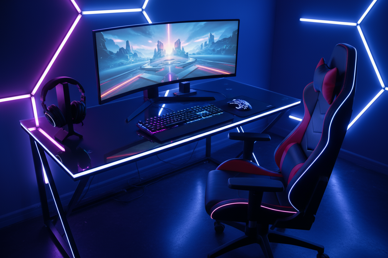 “A premium gaming setup in a futuristic RGB-lit room featuring a mechanical gaming keyboard glowing with customizable backlights, an ergonomic gaming mouse with dynamic lighting effects, a high-quality over-ear gaming headset resting beside a sleek ultra-wide monitor, and a modern gaming chair with red and black accents. The environment is immersive, showcasing elite performance gear designed for professional gamers. The lighting is neon blue and purple, creating a powerful, high-tech gaming vibe. Ultra-rea