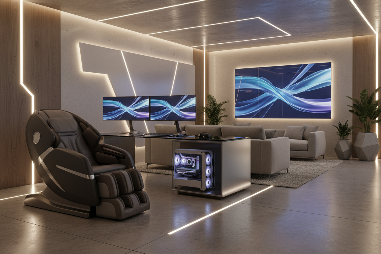 “A stylish modern living room with a premium massage chair beside a gaming setup. Soft ambient lighting, minimalistic decor, elegant background with tech-inspired vibes. The chair looks ergonomic, sleek, and luxurious. A feeling of comfort and innovation blended together — lifestyle meets technology. 8K resolution, realistic textures, professional lighting, cozy yet futuristic aesthetic.”